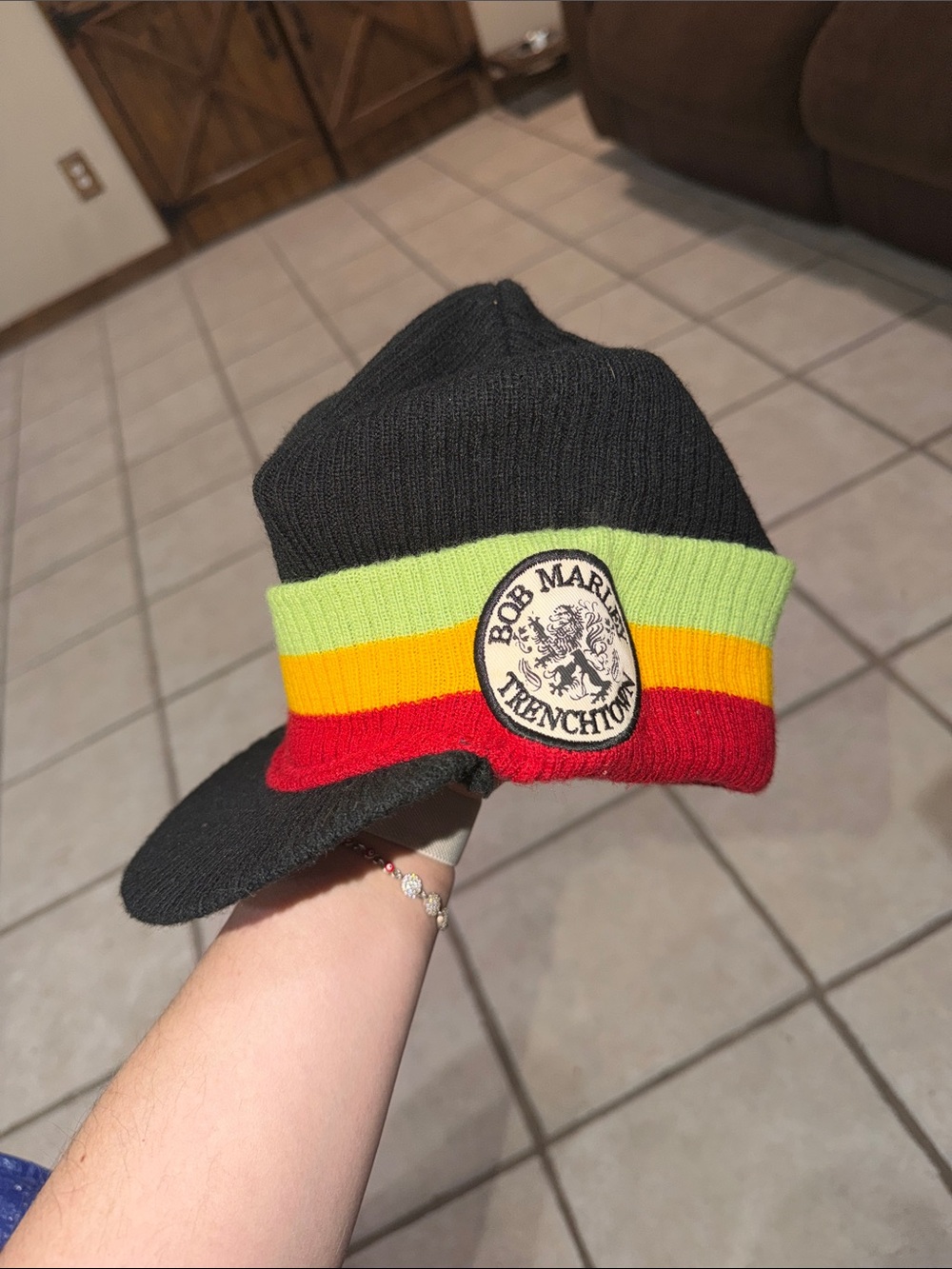 Bob Marley Trenchtown beanie in black with Rasta-colored stripes